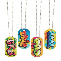 Graffiti Dog Tag Necklaces - 12 Count